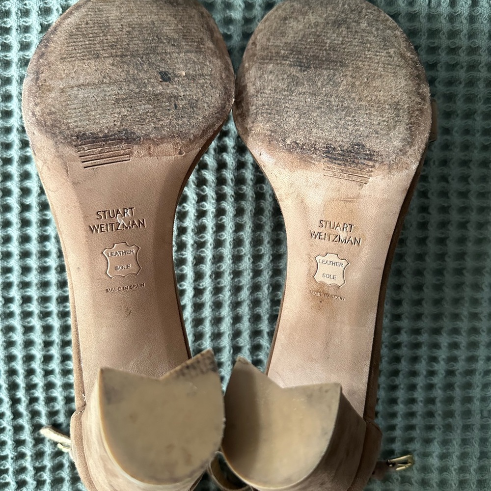 Stuart Weitzman Brown/Tan Suede Open-Toe Ankle-Strap Heels - Picture 11 of 11